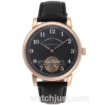 A.Lange & Sohne Classic Tourbillon Manual Winding Rose Gold Case with Black Dial-Leather Strap