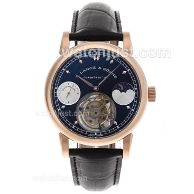 A.Lange & Sohne Classic Working Tourbillon Manual Winding Rose Gold Case with Black Dial-Leather Strap