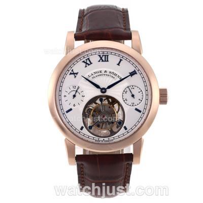 A.Lange & Sohne Lange Working Tourbillon Manual Winding Rose Gold Case with White Dial-Leather Strap