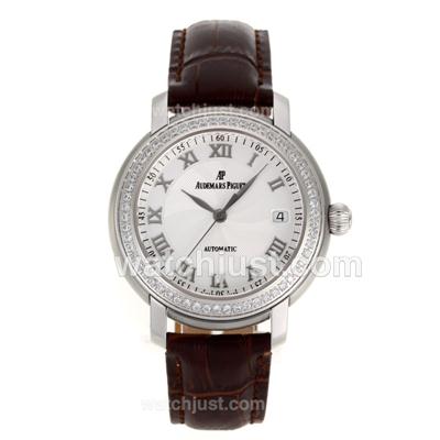 Audemars Piguet Jeles Audemars Swiss ETA 2824 Movement Diamond Bezel with White Dial-Leather Strap