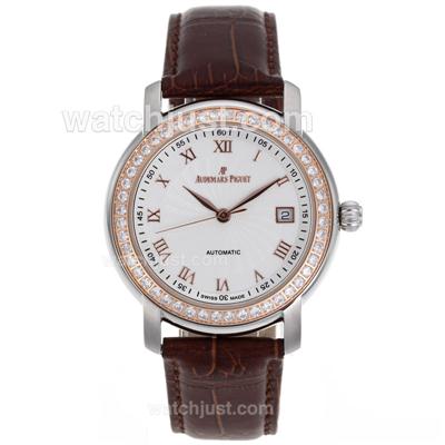 Audemars Piguet Jules Audemars Automatic Rose Gold Diamond Bezel and Markers with White Dial-Leather Strap