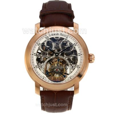 Audemars Piguet Jules Audemars Skeleton Working Tourbillon Manual Winding Rose Gold Case with White Dial-Leather Strap