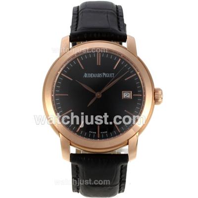 Audemars Piguet Jules Audemars Swiss ETA 2824 Movement Rose Gold Case with Black Dial-Leather Strap