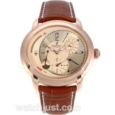 Audemars Piguet Millenary Maserati Working Power Reserve Two Time Zone Automatic Rose Gold Case with Champagne Dial-Leather Strap