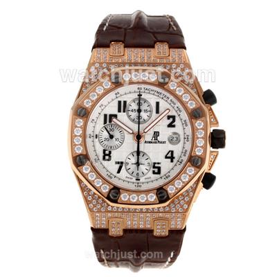 Audemars Piguet Royal Oak Offshore Chronograph Swiss Valjoux 7750 Movement Rose Gold Case Diamond Bezel and Case with Whi