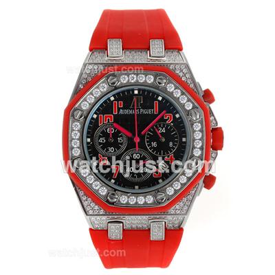 Audemars Piguet Royal Oak Offshore Working Chrono Diamond Case and Bezel with Black Dial-Red Rubber Strap