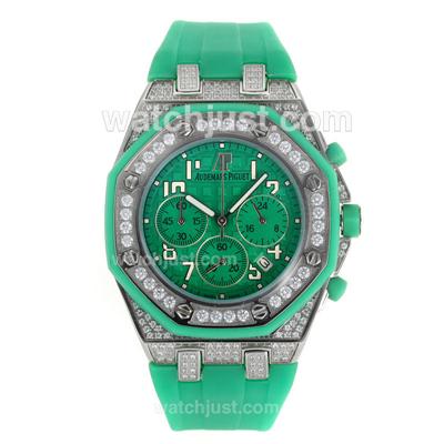 Audemars Piguet Royal Oak Offshore Working Chrono Diamond Case and Bezel with Green Dial-Green Rubber Strap