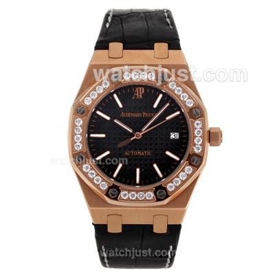 Audemars Piguet Royal Oak Swiss ETA 2824 Movement Rose Gold Case Diamond Bezel with Black Checkered Dial-Leather Strap