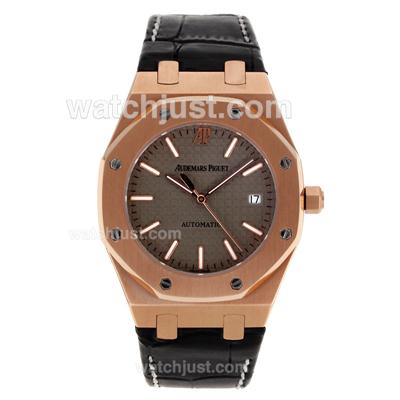 Audemars Piguet Royal Oak Swiss ETA 2824 Movement Rose Gold Case with Gray Checkered Dial-Leather Strap