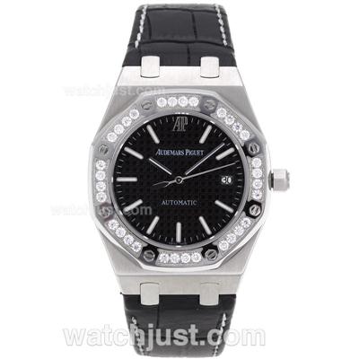 Audemars Piguet Royal Oak Swiss ETA 2836 Movement Diamond Bezel with Black Checkered Dial-Leather Strap