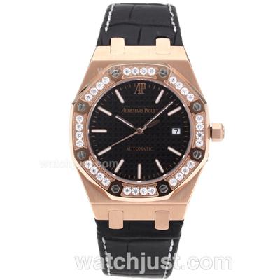 Audemars Piguet Royal Oak Swiss ETA 2836 Movement Rose Gold Case Diamond Bezel with Black Checkered Dial-Black Leather S