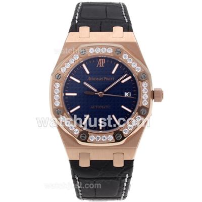 Audemars Piguet Royal Oak Swiss ETA 2836 Movement Rose Gold Case Diamond Bezel with Blue Checkered Dial-Leather Strap