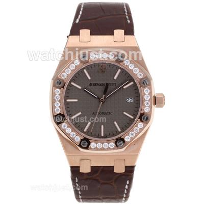 Audemars Piguet Royal Oak Swiss ETA 2836 Movement Rose Gold Case Diamond Bezel with Gray Checkered Dial-Brown Leather St