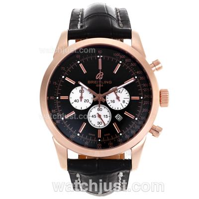 Breitling Aeromarine Working Chronograph Rose Gold Case Stick Markers with Black Dial-Leather Strap