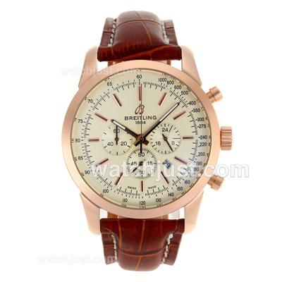 Breitling Aeromarine Working Chronograph Rose Gold Case Stick Markers with White Dial-Leather Strap