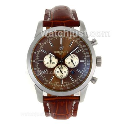 Breitling Aeromarine Working Chronograph Stick Markers with Brown Dial-Leather Strap