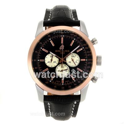 Breitling Aeromarine Working Chronograph Two Tone Case Stick Markers with Black Dial-Leather Strap
