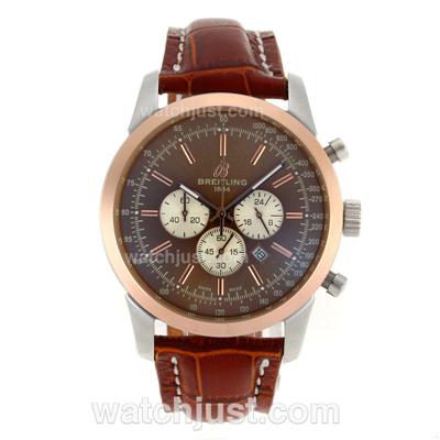 Breitling Aeromarine Working Chronograph Two Tone Case Stick Markers with Brown Dial-Leather Strap