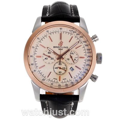 Breitling Aeromarine Working Chronograph Two Tone Case Stick Markers with White Dial-Leather Strap