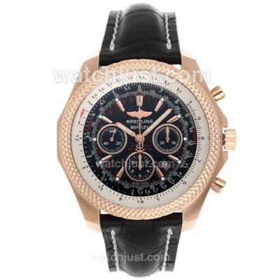 Breitling for Bentley Chronograph Swiss Valjoux 7750 Movement Rose Gold Case with Black Dial-Leather Strap