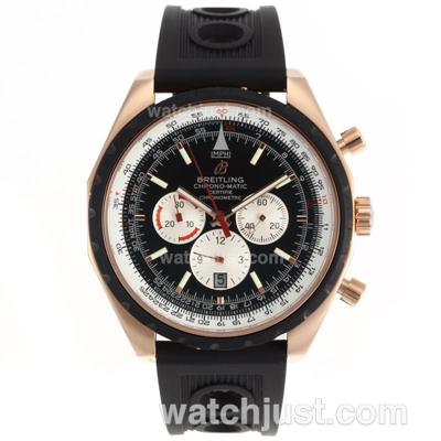 Breitling Chrono Matic Swiss Valjoux 7750 Movement Rose Gold Case with Black Dial-Rubber Strap