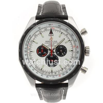 Breitling Chrono Matic Working Chronograph PVD Bezel with White Dial-Leather Strap