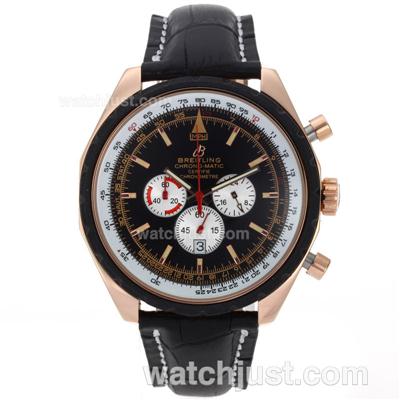 Breitling Chrono Matic Working Chronograph Rose Gold Case with Black Dial-Leather Strap