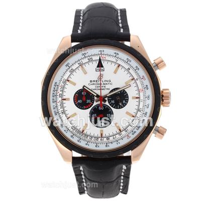 Breitling Chrono Matic Working Chronograph Rose Gold Case with White Dial-Leather Strap