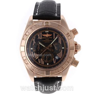 Breitling Chronomat B01 Working Chronograph Rose Gold Case with Black Dial-Leather Strap