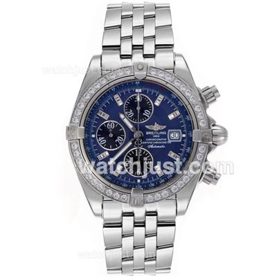 Breitling Chronomat Evolution Chronograph Swiss Valjoux 7750 Movement Diamond Bezel Stick Markers with Blue Dial S/S