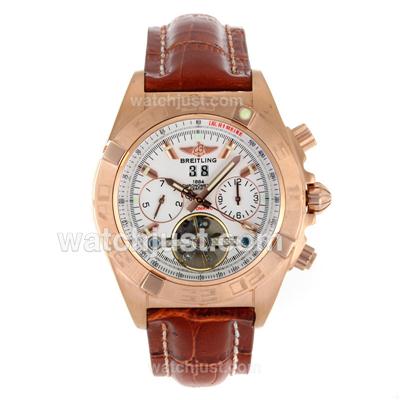 Breitling Chronomat Evolution Tourbillon Automatic Rose Gold Case with White Dial-Leather Strap