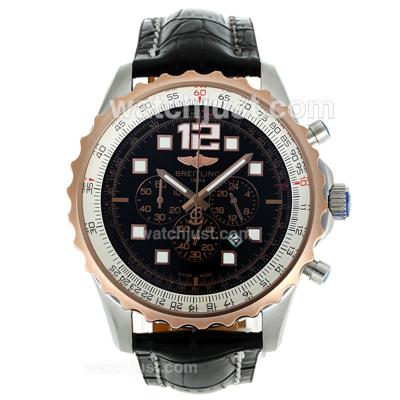 Breitling Chronospace Working Chronograph Two Tone Case with Black Dial-Leather Strap