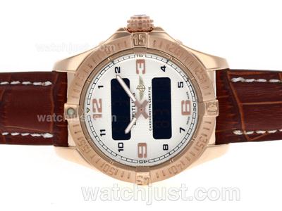 Breitling Emergency Digital Displayer Rose Gold Case with White Dial-Leather Strap