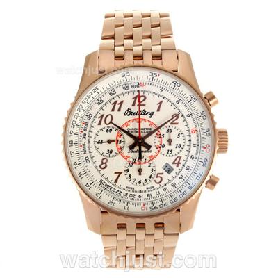 Breitling Montbrillant Chronograph Swiss Valjoux 7750 Movement Rose Gold Case with White Dial-Number Markers