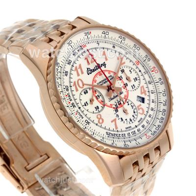 Breitling Montbrillant Chronograph Swiss Valjoux 7750 Movement Rose Gold Case with White Dial-Number Markers