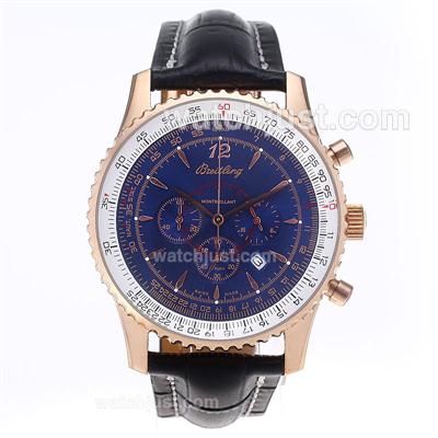 Breitling Montbrillant Working Chronograph Rose Gold Case with Blue Dial-Leather Strap