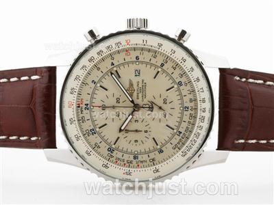 Breitling Navitimer World Working Chronograph with White Dial-Brown Strap