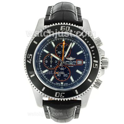 Breitling Super Ocean Working Chronograph Black Bezel Orange Needles with Black Dial-Leather Strap