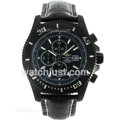 Breitling Super Ocean Working Chronograph PVD Case with Green Markers-Leather Strap