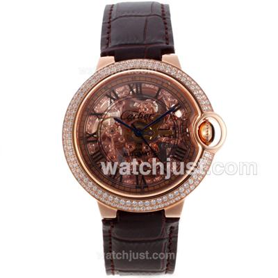 Cartier Ballon bleu de Cartier Automatic Rose Gold Case Diamond Bezel with Skeleton Dial-Leather Strap