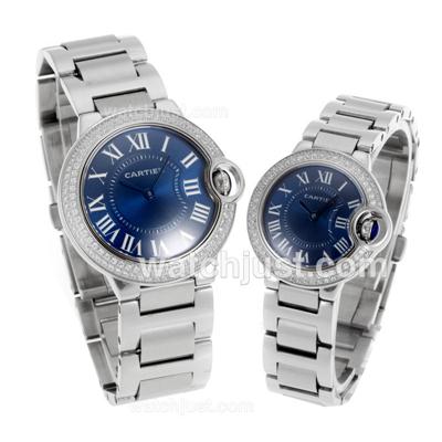 Cartier Ballon bleu de Cartier Diamond Bezel Roman Markers with Blue Dial S/S-Couple Watch