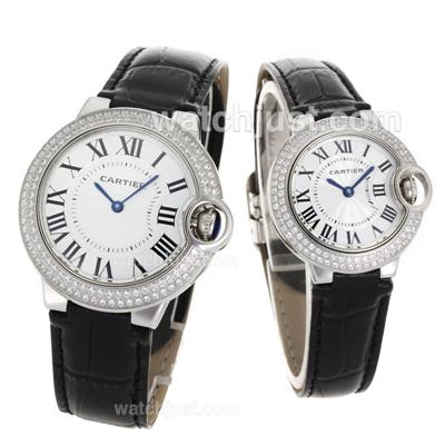 Cartier Ballon bleu de Cartier Diamond Bezel White Dial with Black Leather Strap-Couple Watch