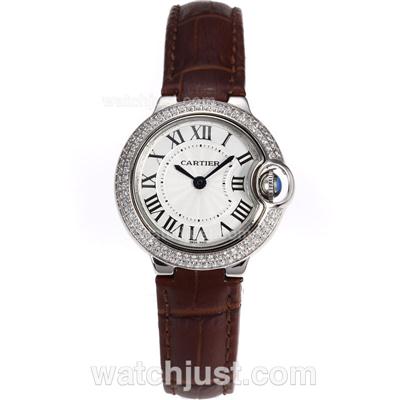 Cartier Ballon Bleu de Cartier Diamond Bezel White Dial with Brown Strap