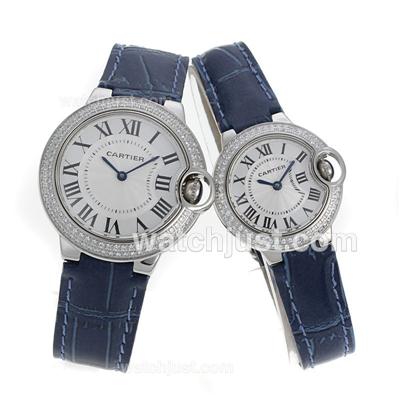 Cartier Ballon bleu de Cartier Diamond Bezel White Dial with Leather Strap-Couple Watch