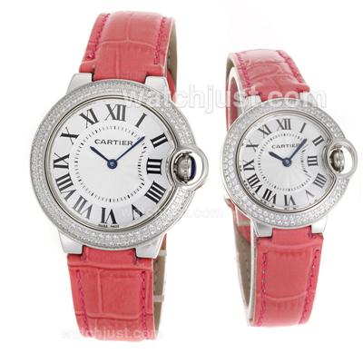 Cartier Ballon bleu de Cartier Diamond Bezel White Dial with Pink Leather Strap-Couple Watch