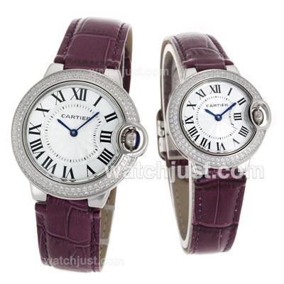 Cartier Ballon bleu de Cartier Diamond Bezel White Dial with Purple Leather Strap-Couple Watch