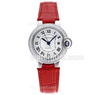 Cartier Ballon bleu de Cartier Diamond Bezel with Red Leather Strap-Lady Size