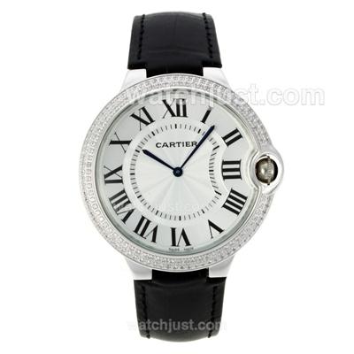 Cartier Ballon bleu de Cartier Diamond Bezel with White Dial-Leather Strap