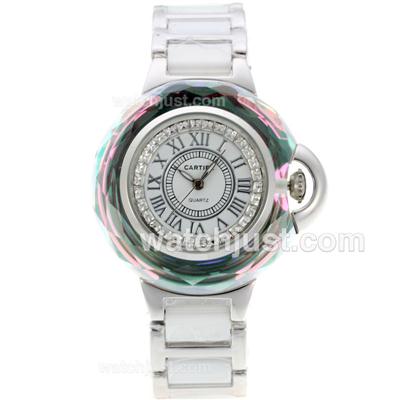 Cartier Ballon bleu de Cartier Diamond Bezel with White Dial-White Ceramic Strap