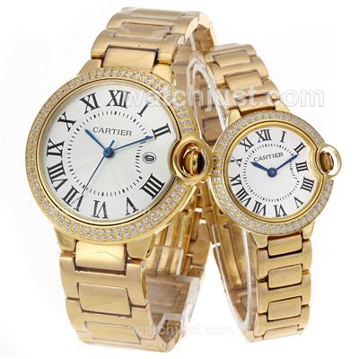 Cartier Ballon bleu de Cartier Full Gold Diamond Bezel with White Dial-Couple Watch